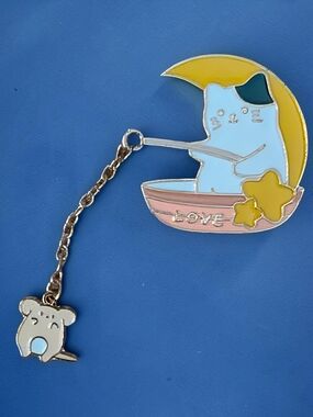 Cute Cat on Moon With Mouse Enamel Pin
